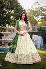 Thumbnail for Lorenvalley Offwhite Khadi Cotton Sequins And Thread Embroidery Work Lehenga Choli with Dupatta