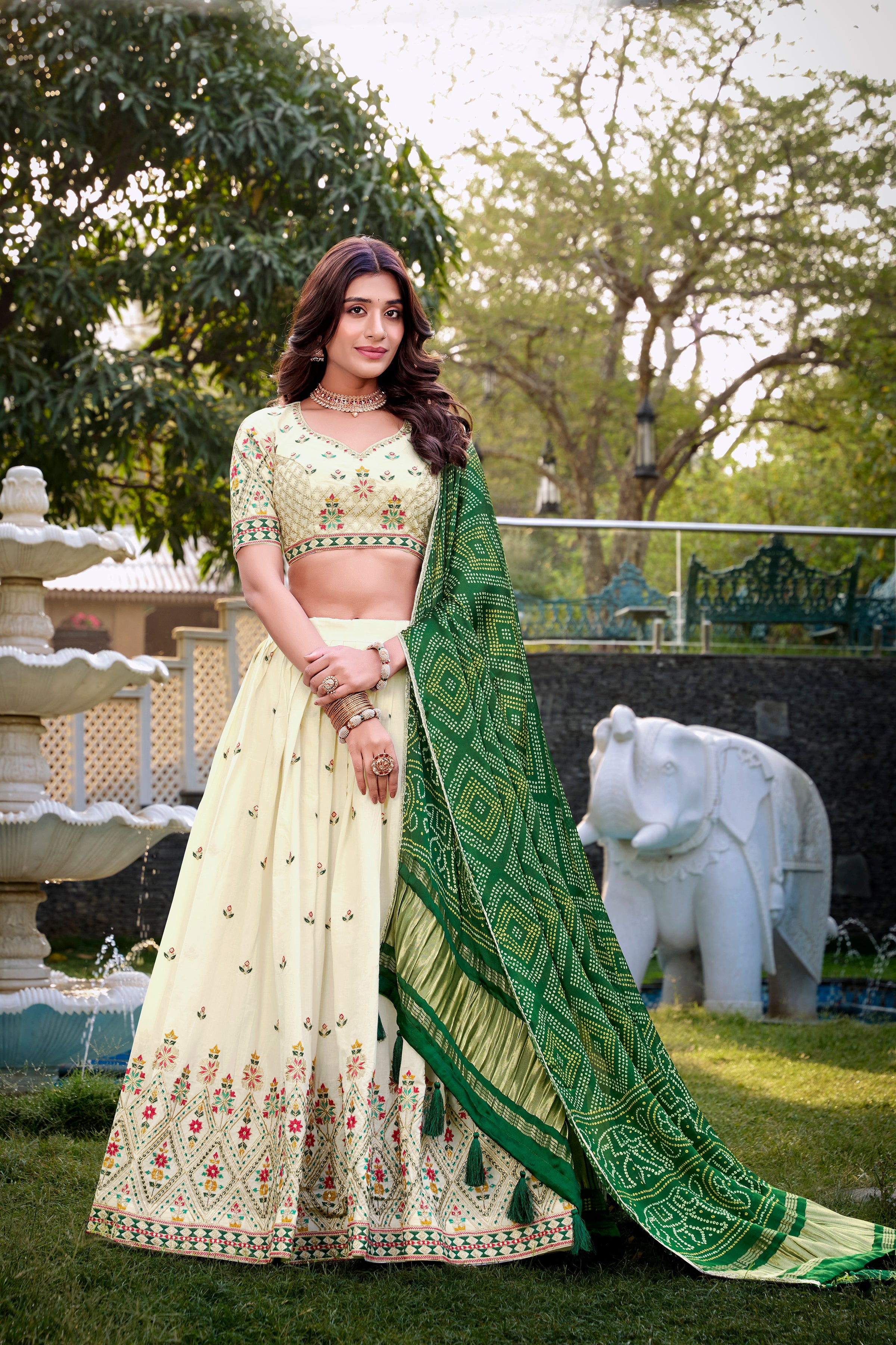 Lorenvalley Offwhite Khadi Cotton Sequins And Thread Embroidery Work Lehenga Choli with Dupatta
