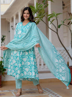 Thumbnail for Anouk Blue Floral Printed V-Neck Aari Work Flared Pure Cotton Anarkali Kurta Set