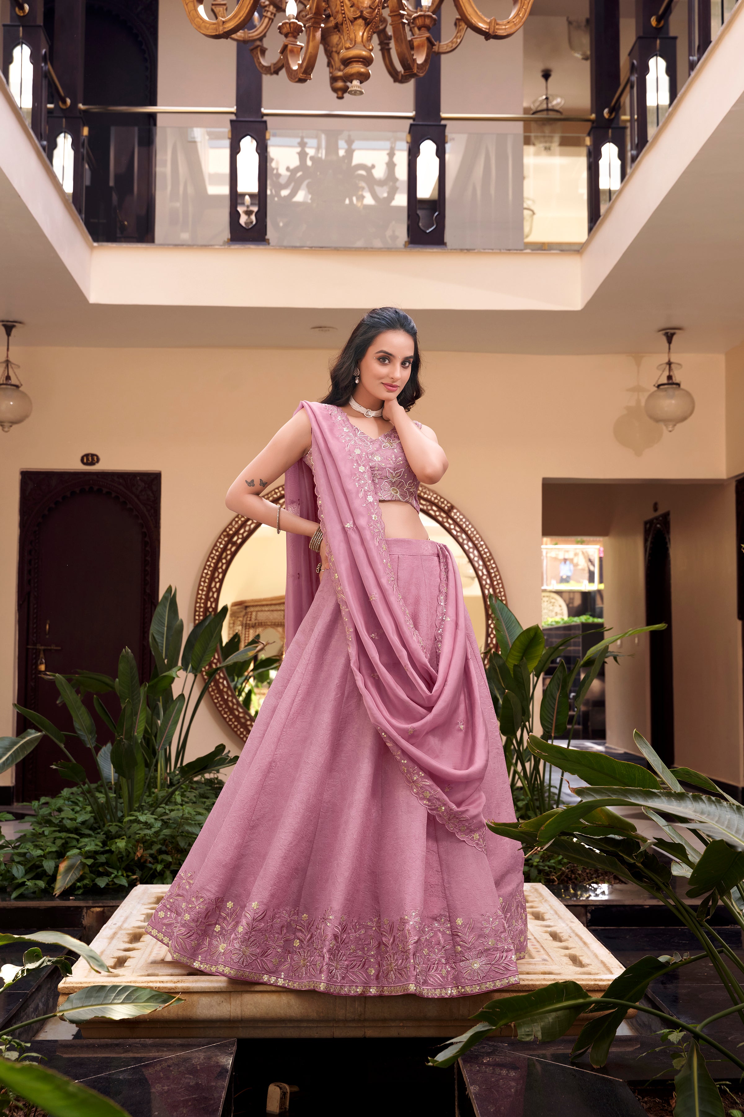 Lorenvalley Purple Vichitra Silk Embellishment With Pearl Coding And Sequins Embroidery Work Lehenga Choli with Dupatta - Distacart