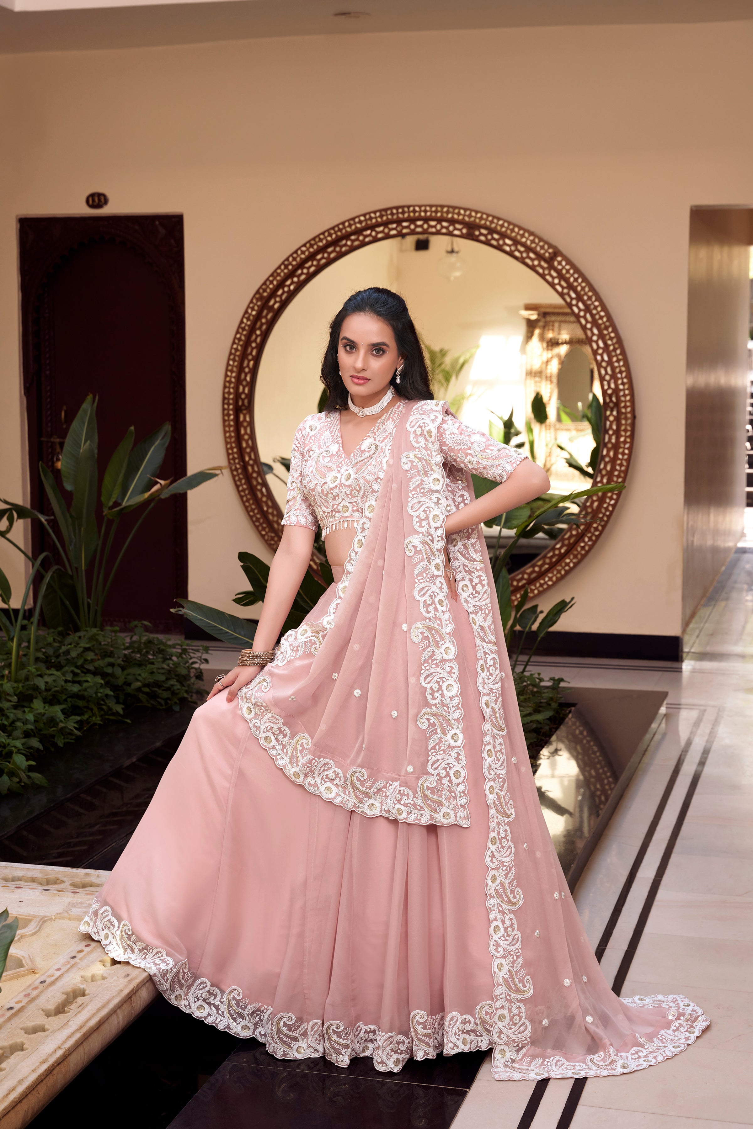 Lorenvalley Peach Weone Silk Embellishment With Pearl Coding And Sequins Embroidery Work Lehenga Choli with Dupatta - Distacart