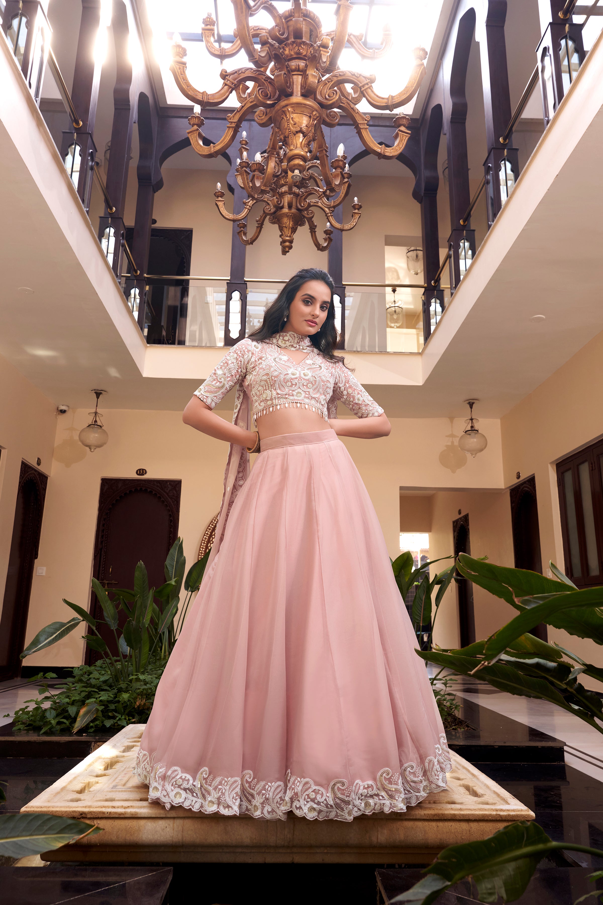 Lorenvalley Peach Weone Silk Embellishment With Pearl Coding And Sequins Embroidery Work Lehenga Choli with Dupatta - Distacart