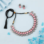 Thumbnail for Tehzeeb Creations Silver Plated Pink Colour Stone Jewellery Choker Necklace Set With Matching Pair of Stud Earrings - Distacart