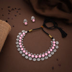 Thumbnail for Tehzeeb Creations Silver Plated Pink Colour Stone Jewellery Choker Necklace Set With Matching Pair of Stud Earrings - Distacart