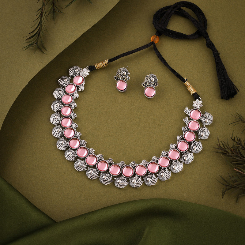 Tehzeeb Creations Silver Plated Pink Colour Stone Jewellery Choker Necklace Set With Matching Pair of Stud Earrings - Distacart