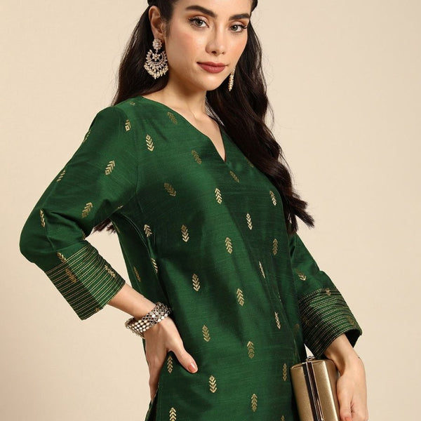 Anouk Women Green & Gold-Toned Ethnic Motifs Dobby Kurta - Distacart
