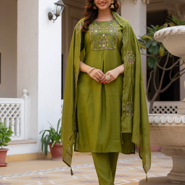 Vedant Vastram Viscose Silk Hand Work & Embroidery Work Stitched Salwar Suit Set-Mehandi - Distacart