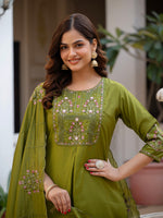 Thumbnail for Vedant Vastram Viscose Silk Hand Work & Embroidery Work Stitched Salwar Suit Set-Mehandi - Distacart