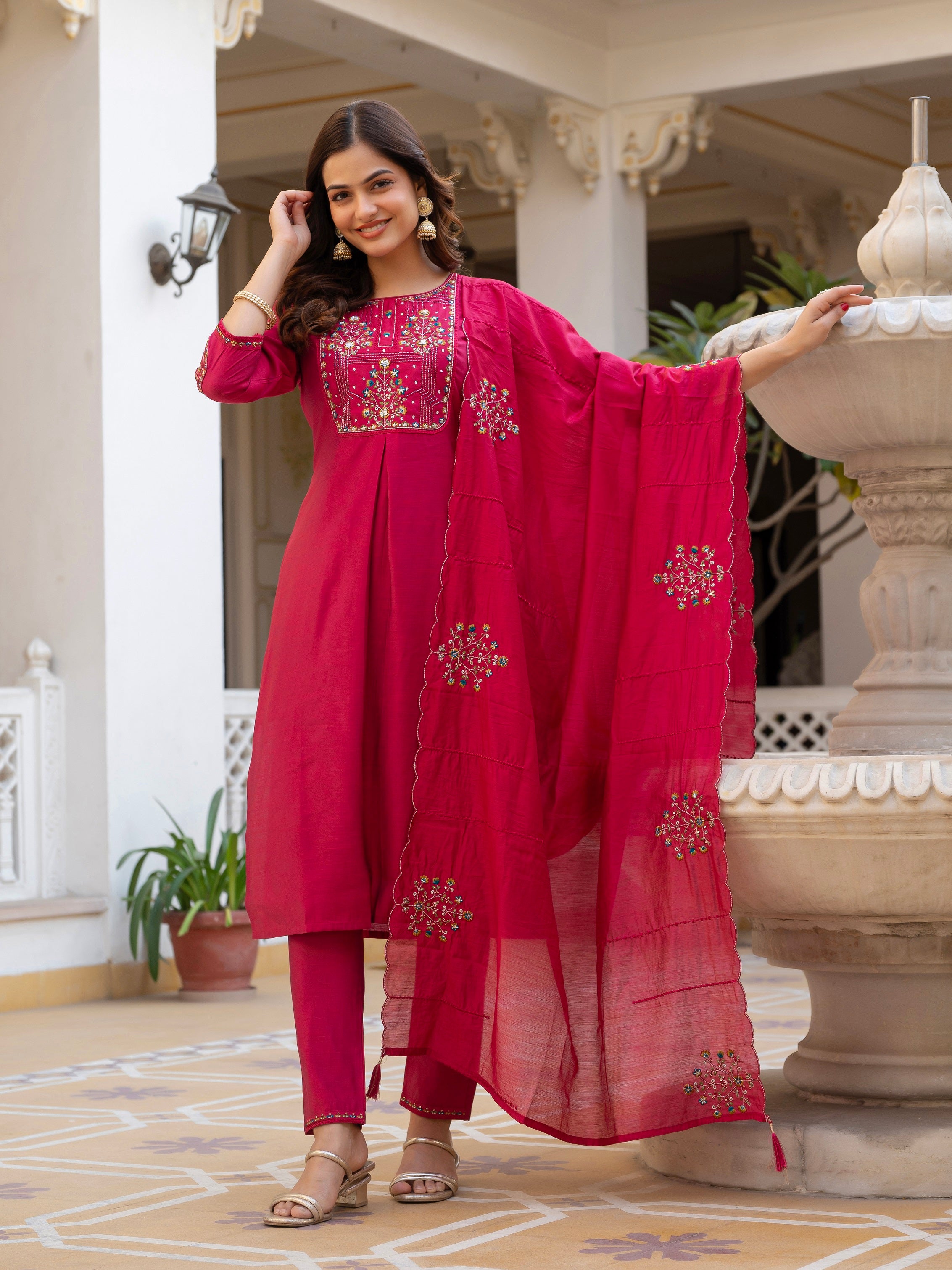 Vedant Vastram Viscose Silk Hand Work & Embroidery Work Stitched Salwar Suit Set-Pink - Distacart