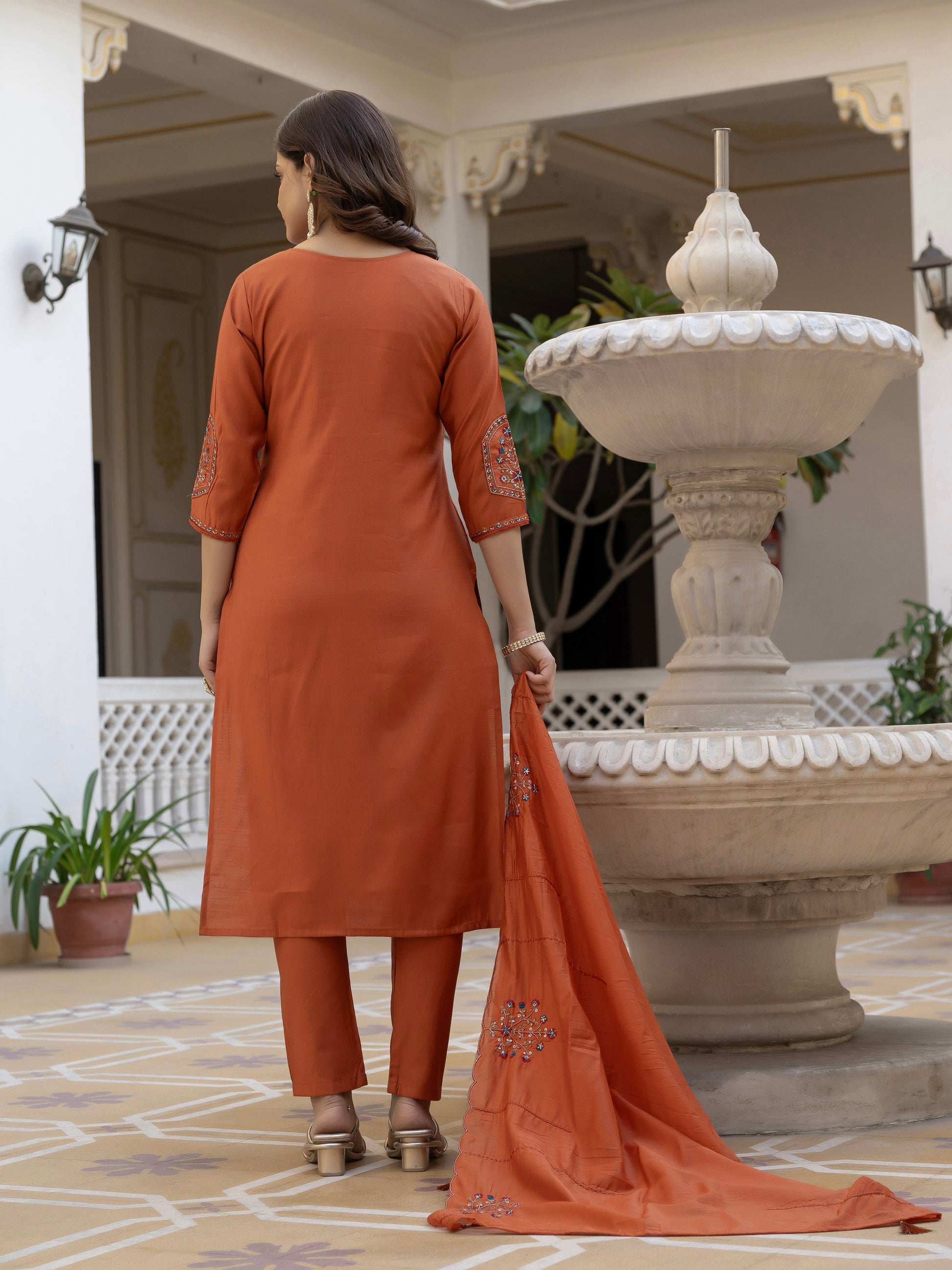 Vedant Vastram Viscose Silk Hand Work & Embroidery Work Stitched Salwar Suit Set-Rust - Distacart