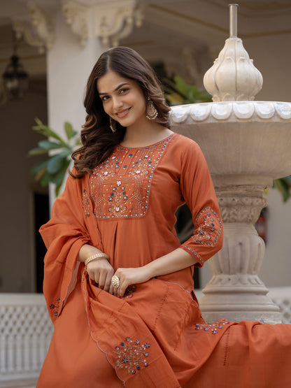 Vedant Vastram Viscose Silk Hand Work & Embroidery Work Stitched Salwar Suit Set-Rust - Distacart