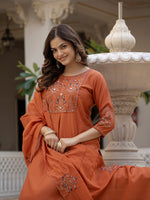Thumbnail for Vedant Vastram Viscose Silk Hand Work & Embroidery Work Stitched Salwar Suit Set-Rust - Distacart