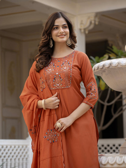 Vedant Vastram Viscose Silk Hand Work & Embroidery Work Stitched Salwar Suit Set-Rust - Distacart