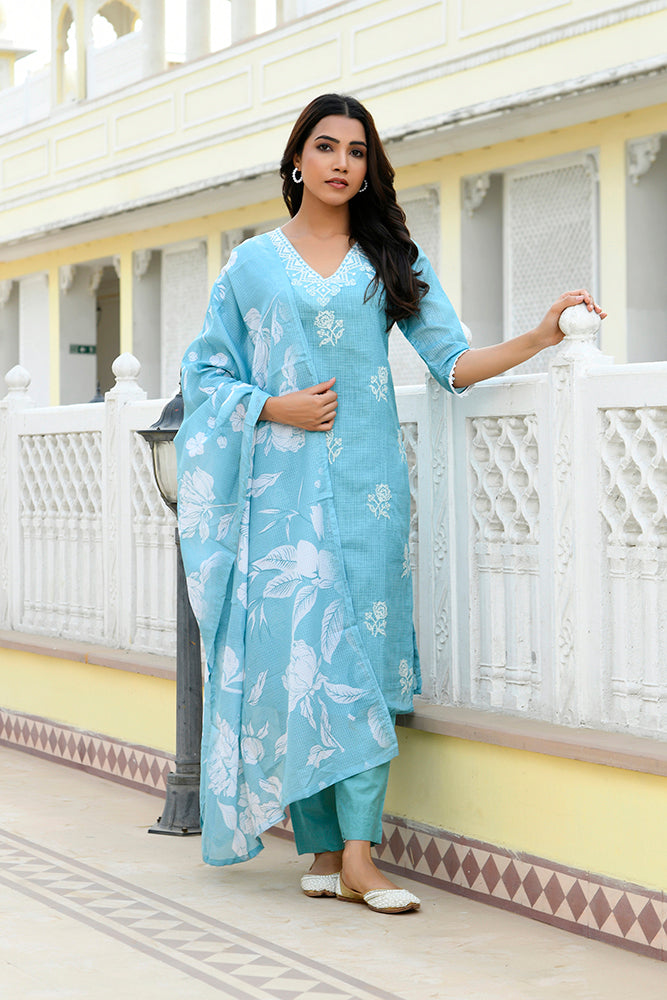 Vaasva Women Blue Kota Doria Embroidered Solid Kurta Set With Solid Pants & Printed Dupatta - Distacart
