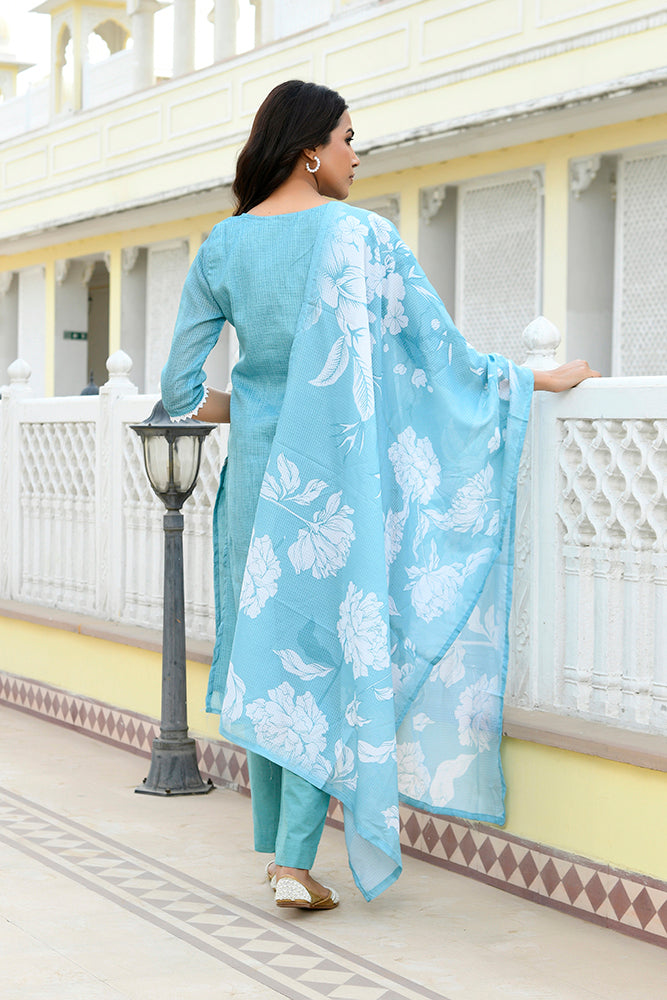 Vaasva Women Blue Kota Doria Embroidered Solid Kurta Set With Solid Pants & Printed Dupatta - Distacart