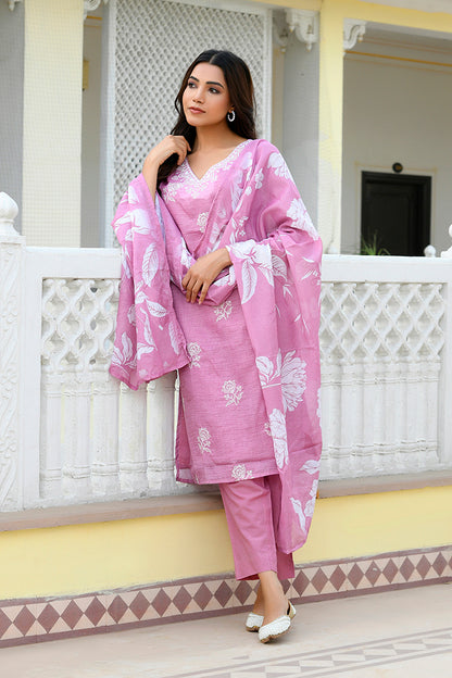 Vaasva Women Pink Kota Doria Embroidered Solid Kurta Set With Solid Pants & Printed Dupatta - Distacart