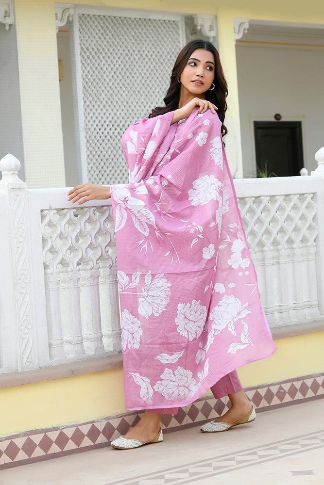 Vaasva Women Pink Kota Doria Embroidered Solid Kurta Set With Solid Pants & Printed Dupatta - Distacart
