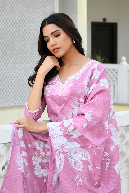 Vaasva Women Pink Kota Doria Embroidered Solid Kurta Set With Solid Pants & Printed Dupatta - Distacart