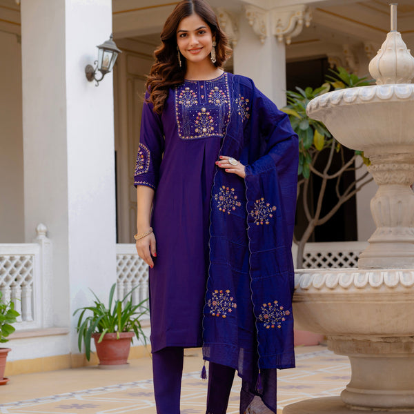 Vedant Vastram Viscose Silk Hand Work & Embroidery Work Stitched Salwar Suit Set-Violet - Distacart