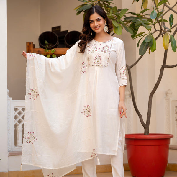 Vedant Vastram Viscose Silk Hand Work & Embroidery Work Stitched Salwar Suit Set-White - Distacart