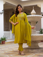 Thumbnail for Vedant Vastram Viscose Silk Hand Work & Embroidery Work Stitched Salwar Suit Set-Yellow - Distacart