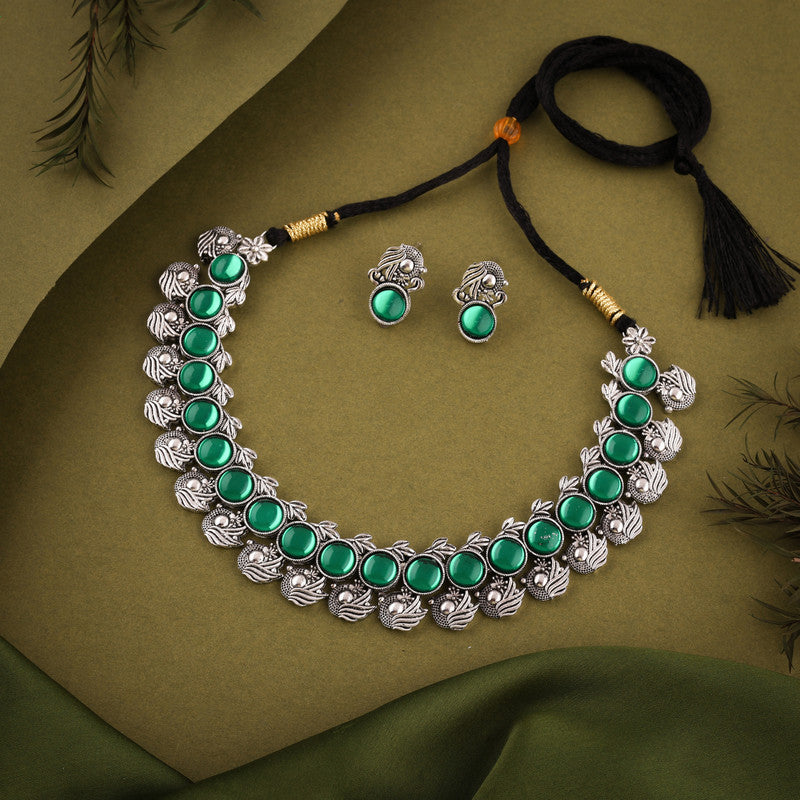 Tehzeeb Creations Silver Plated Green Colour Stone Jewellery Choker Necklace Set With Matching Pair of Stud Earrings - Distacart