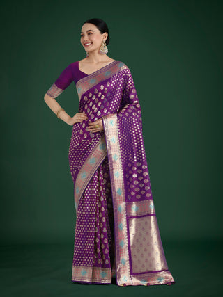 Monjolika Fashion Purple Colour Banarasi Silk Zari Weaving Classic Saree