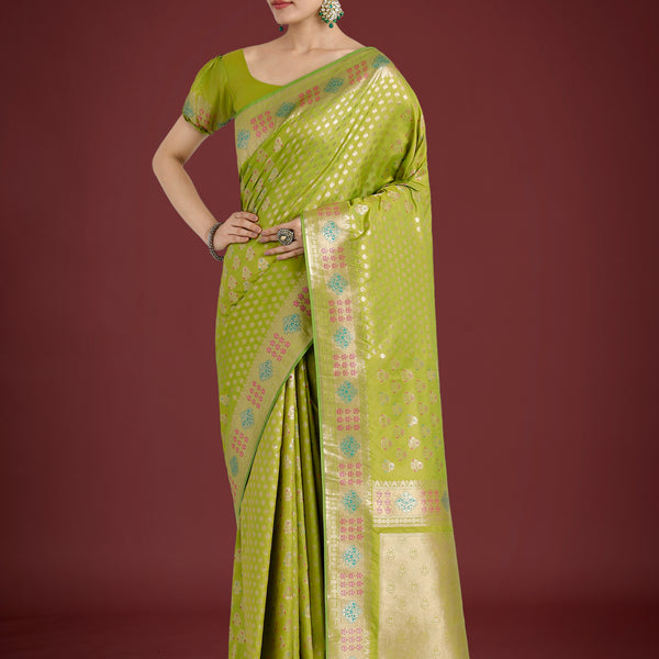 Monjolika Fashion Lime Green Colour Banarasi Silk Zari Weaving Classic Saree - Distacart