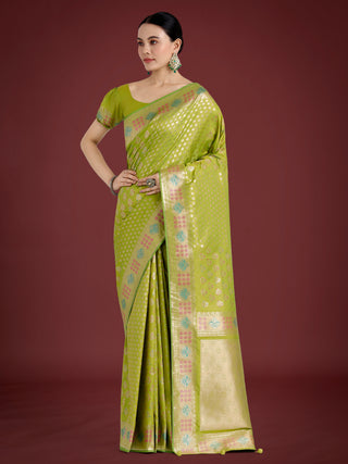 Monjolika Fashion Lime Green Colour Banarasi Silk Zari Weaving Classic Saree