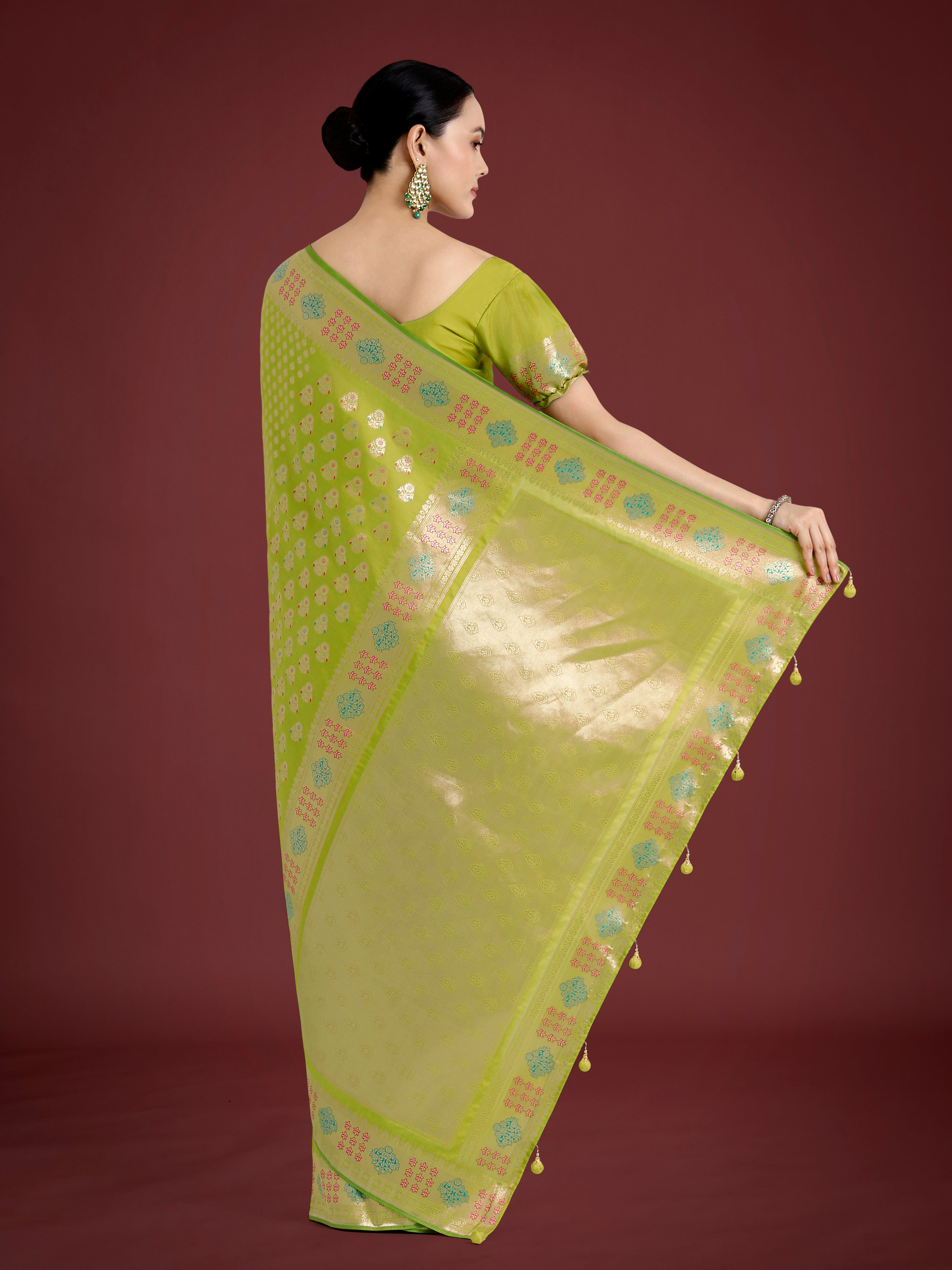 Monjolika Fashion Lime Green Colour Banarasi Silk Zari Weaving Classic Saree