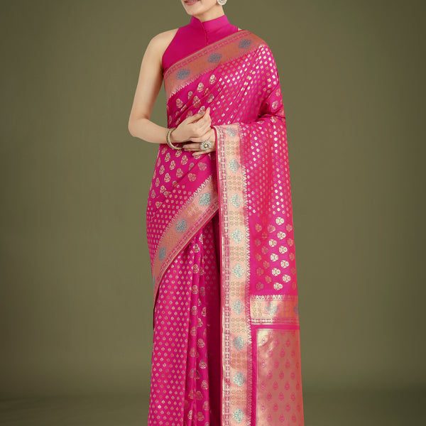 Monjolika Fashion Rani Pink Colour Banarasi Silk Zari Weaving Classic Saree - Distacart