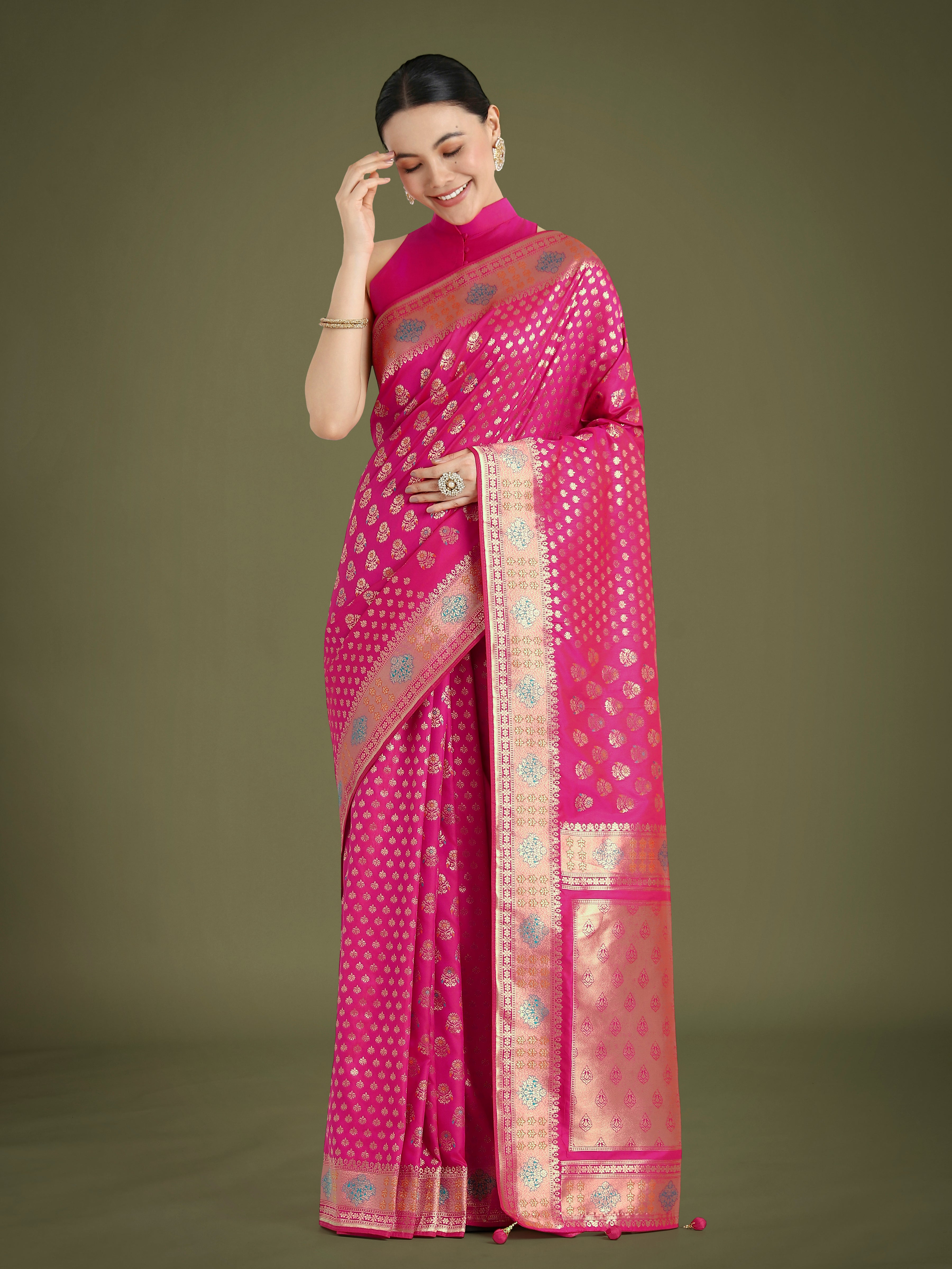 Monjolika Fashion Rani Pink Colour Banarasi Silk Zari Weaving Classic Saree