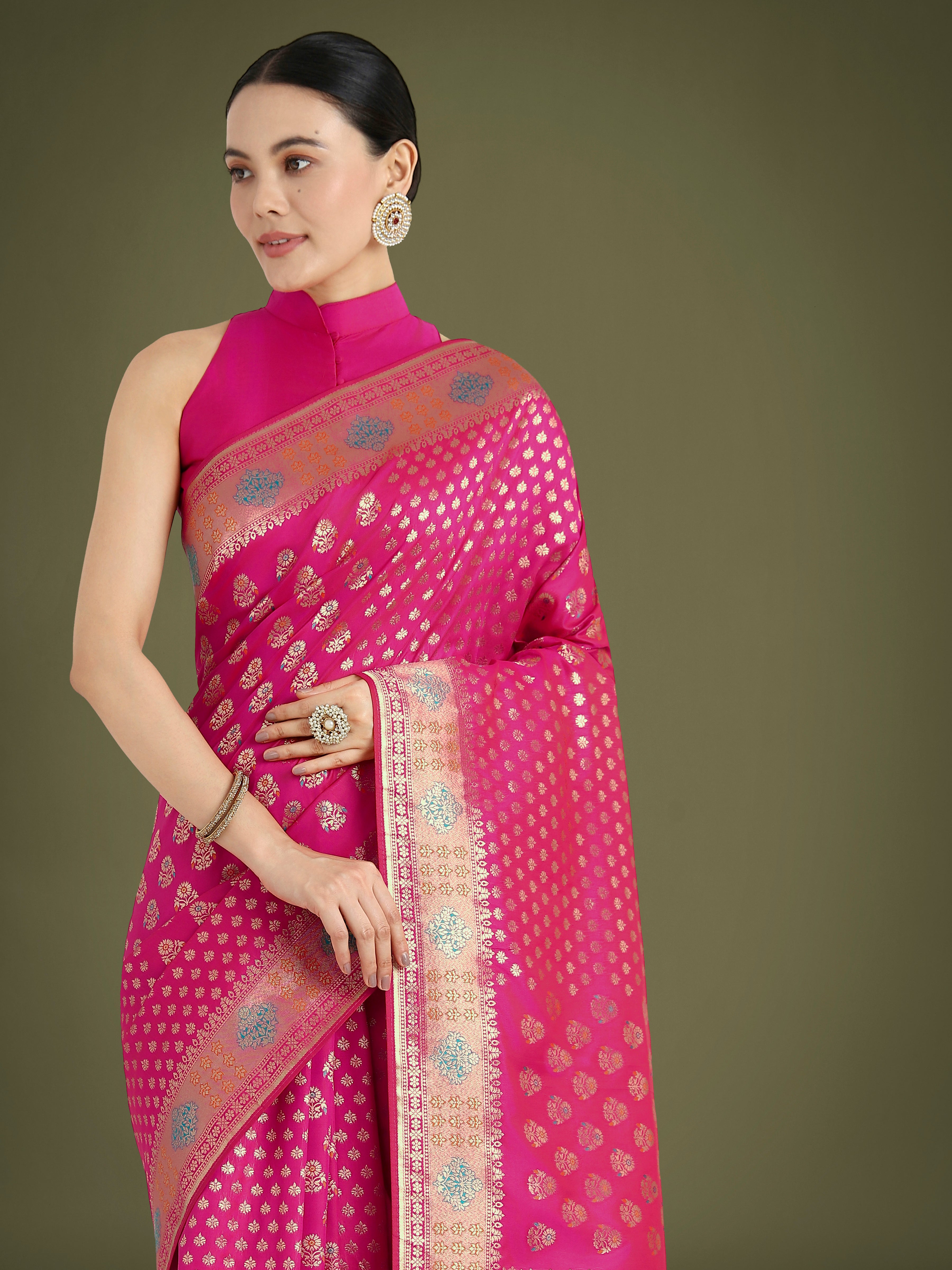 Monjolika Fashion Rani Pink Colour Banarasi Silk Zari Weaving Classic Saree