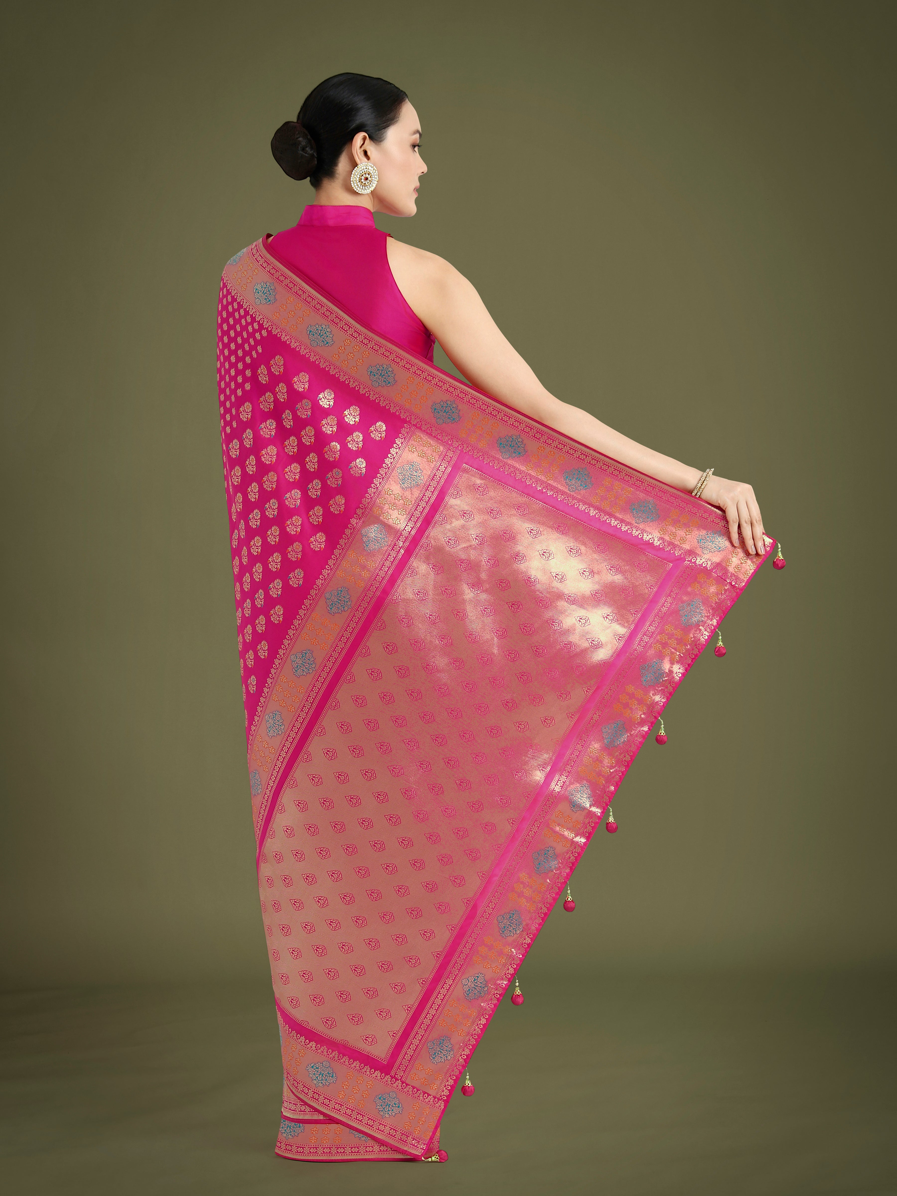 Monjolika Fashion Rani Pink Colour Banarasi Silk Zari Weaving Classic Saree