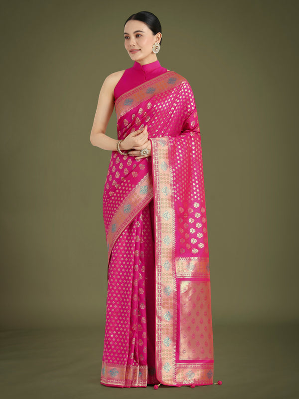 Monjolika Fashion Rani Pink Colour Banarasi Silk Zari Weaving Classic Saree