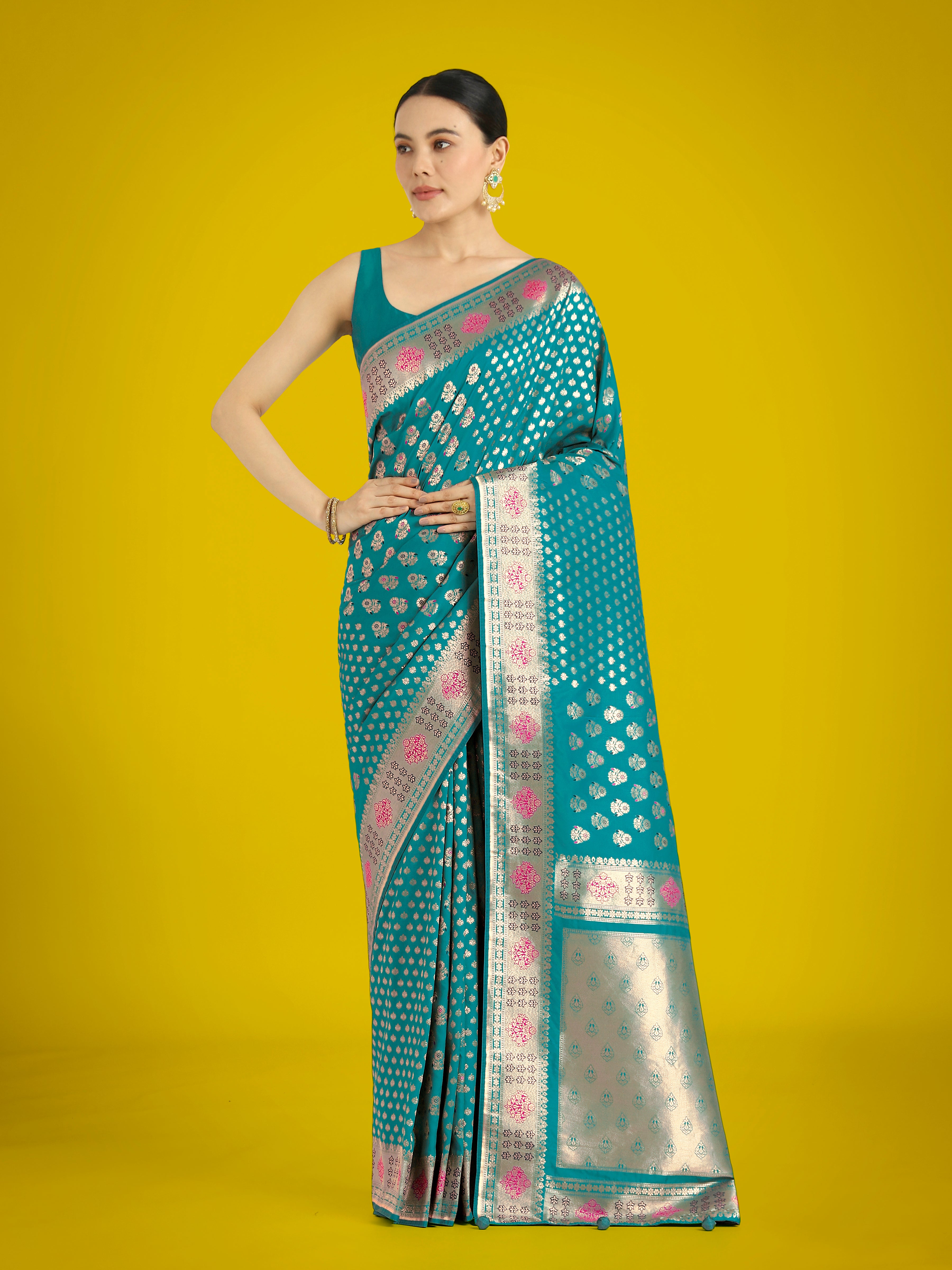 Monjolika Fashion Cyan blue Colour Banarasi Silk Zari Weaving Classic Saree