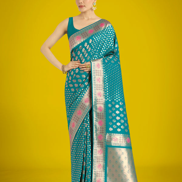 Monjolika Fashion Cyan blue Colour Banarasi Silk Zari Weaving Classic Saree - Distacart