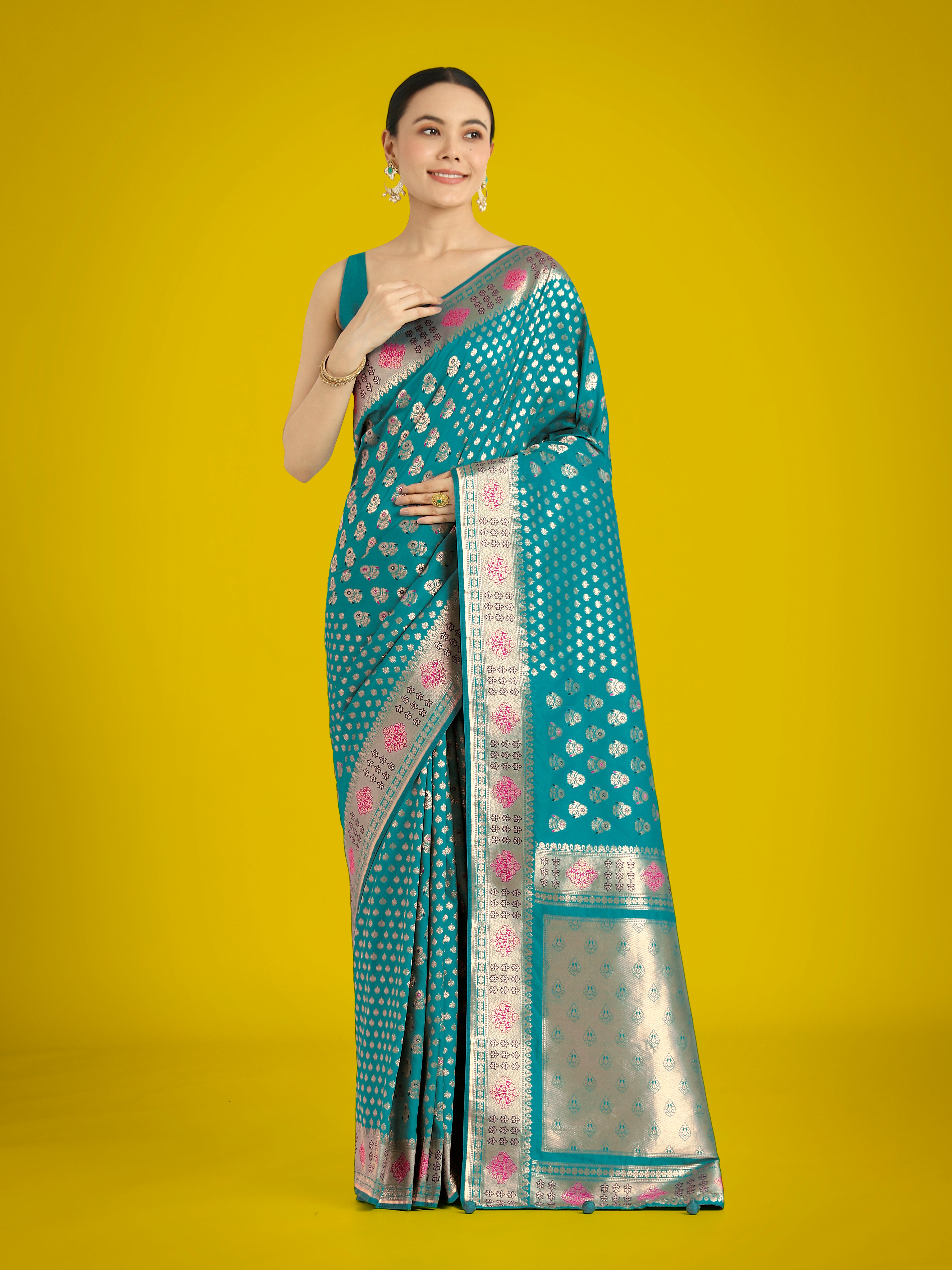 Monjolika Fashion Cyan blue Colour Banarasi Silk Zari Weaving Classic Saree