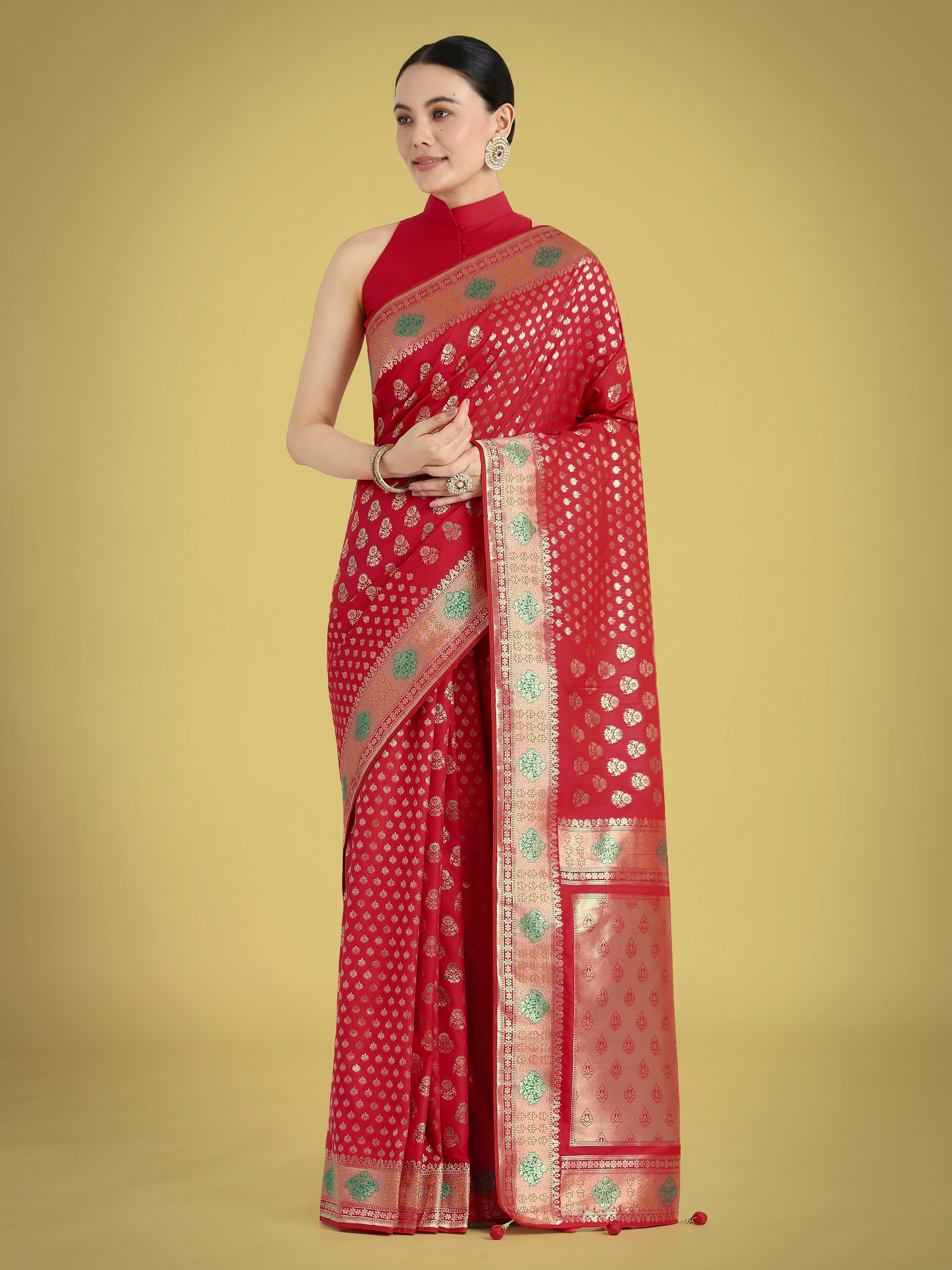 Monjolika Fashion Red Colour Banarasi Silk Zari Weaving Classic Saree