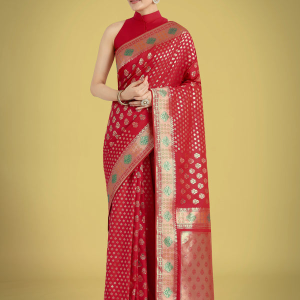Monjolika Fashion Red Colour Banarasi Silk Zari Weaving Classic Saree - Distacart