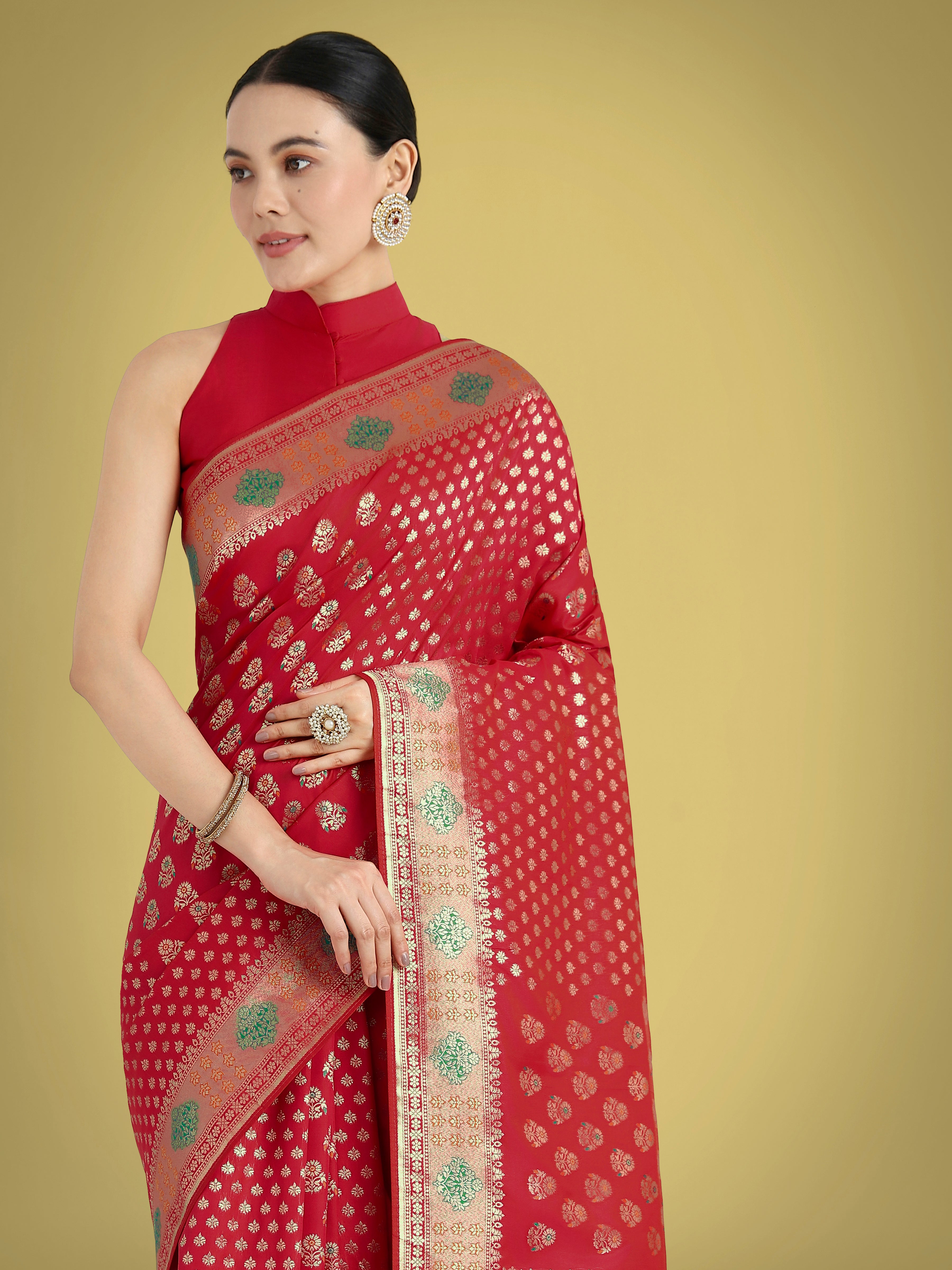 Monjolika Fashion Red Colour Banarasi Silk Zari Weaving Classic Saree