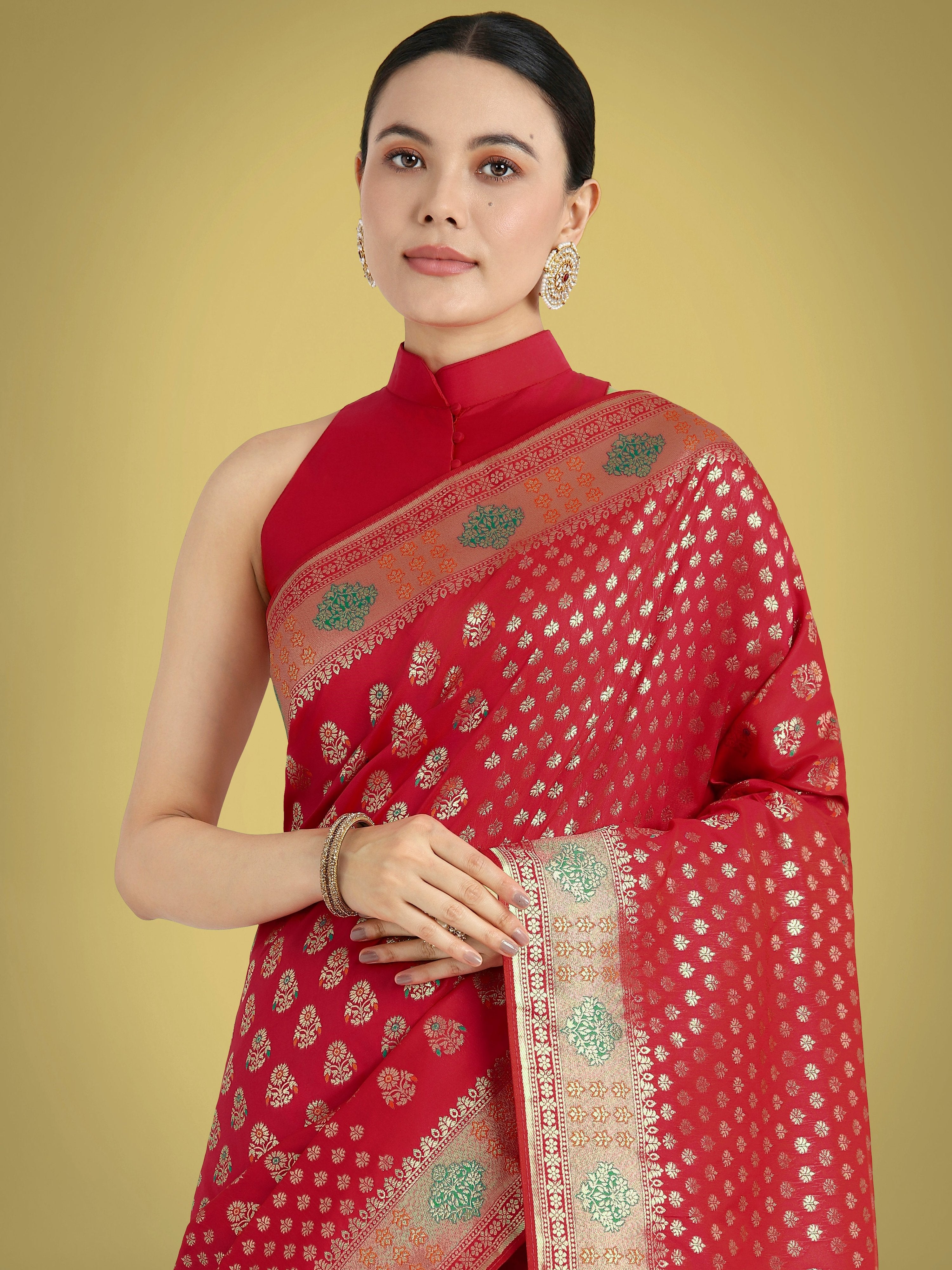 Monjolika Fashion Red Colour Banarasi Silk Zari Weaving Classic Saree