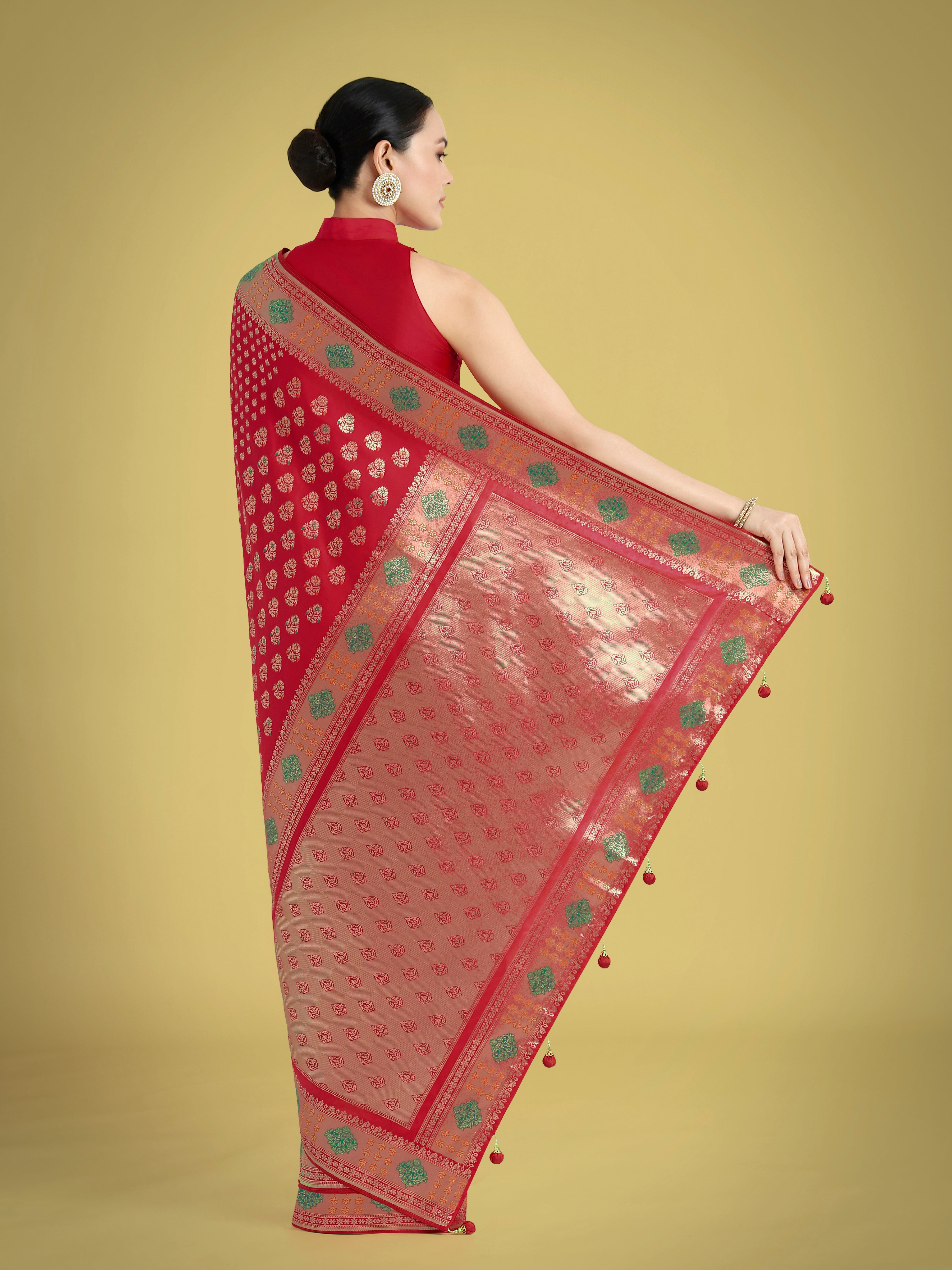 Monjolika Fashion Red Colour Banarasi Silk Zari Weaving Classic Saree