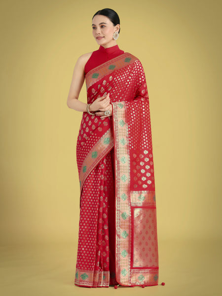 Monjolika Fashion Red Colour Banarasi Silk Zari Weaving Classic Saree