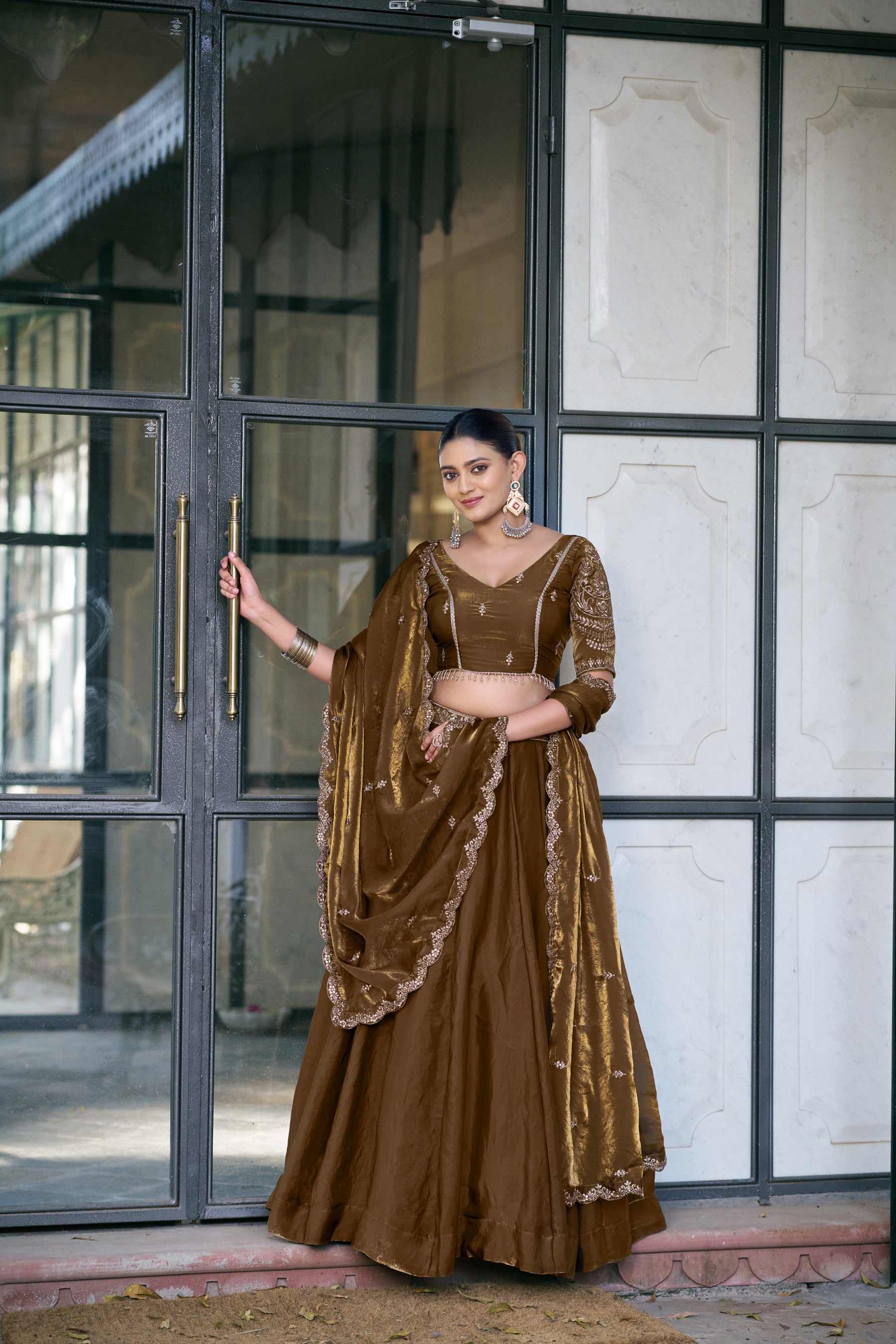 Lorenvalley Fashion Brown Fendi Silk Sequins And Thread Embroidery Work Belt Lehenga Choli With Dupatta - Dista