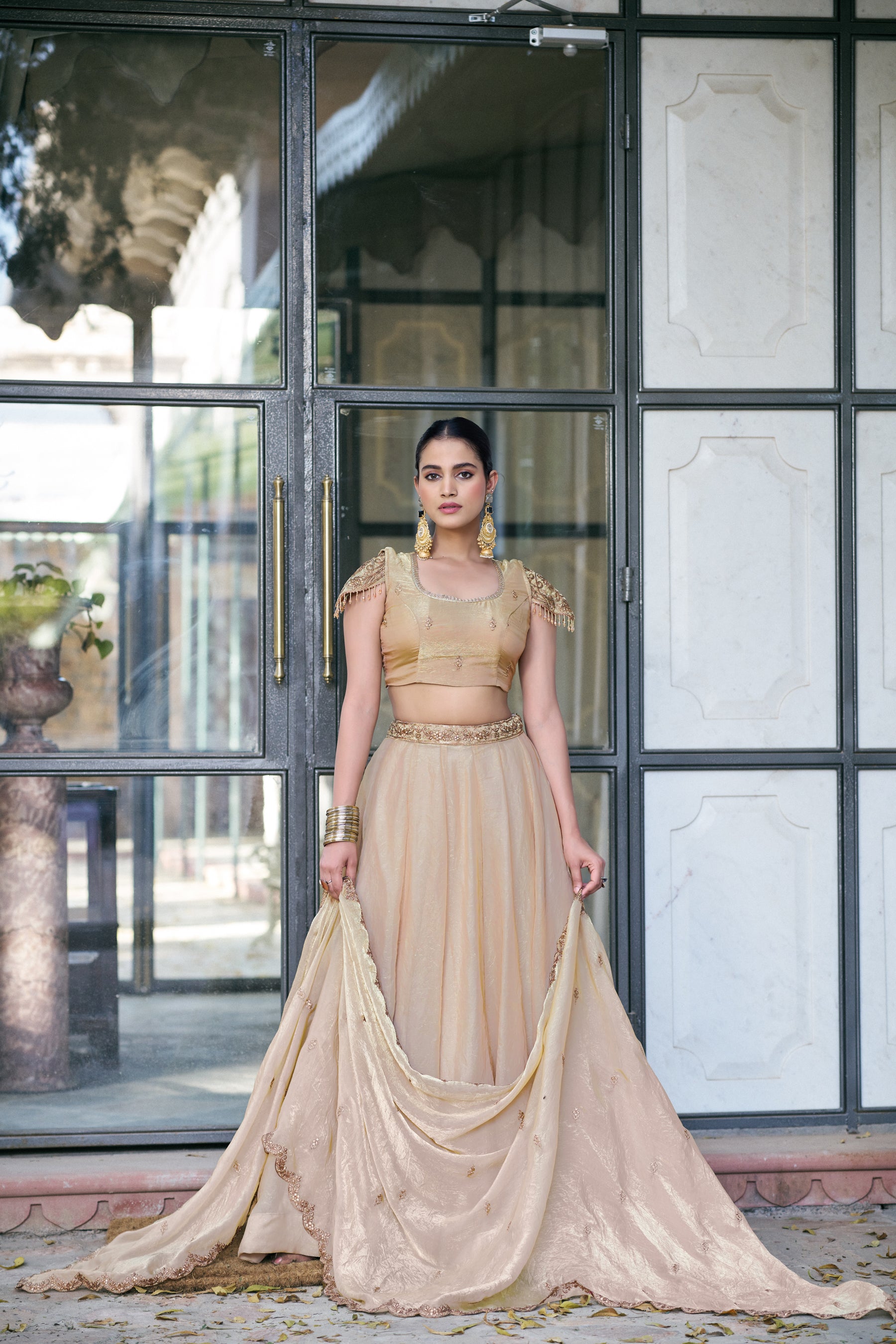 Lorenvalley Fashion Cream Fendi Silk Sequins And Thread Embroidery Work Belt Lehenga Choli With Dupatta - Dista