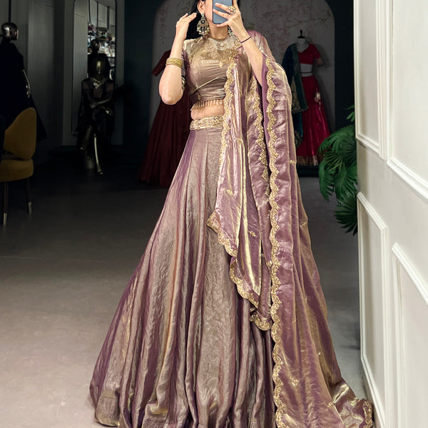 Lorenvalley Lavender Fendi Silk Sequins and Thread Embroidery Work Belt Lehenga Choli with Dupatta - Distacart