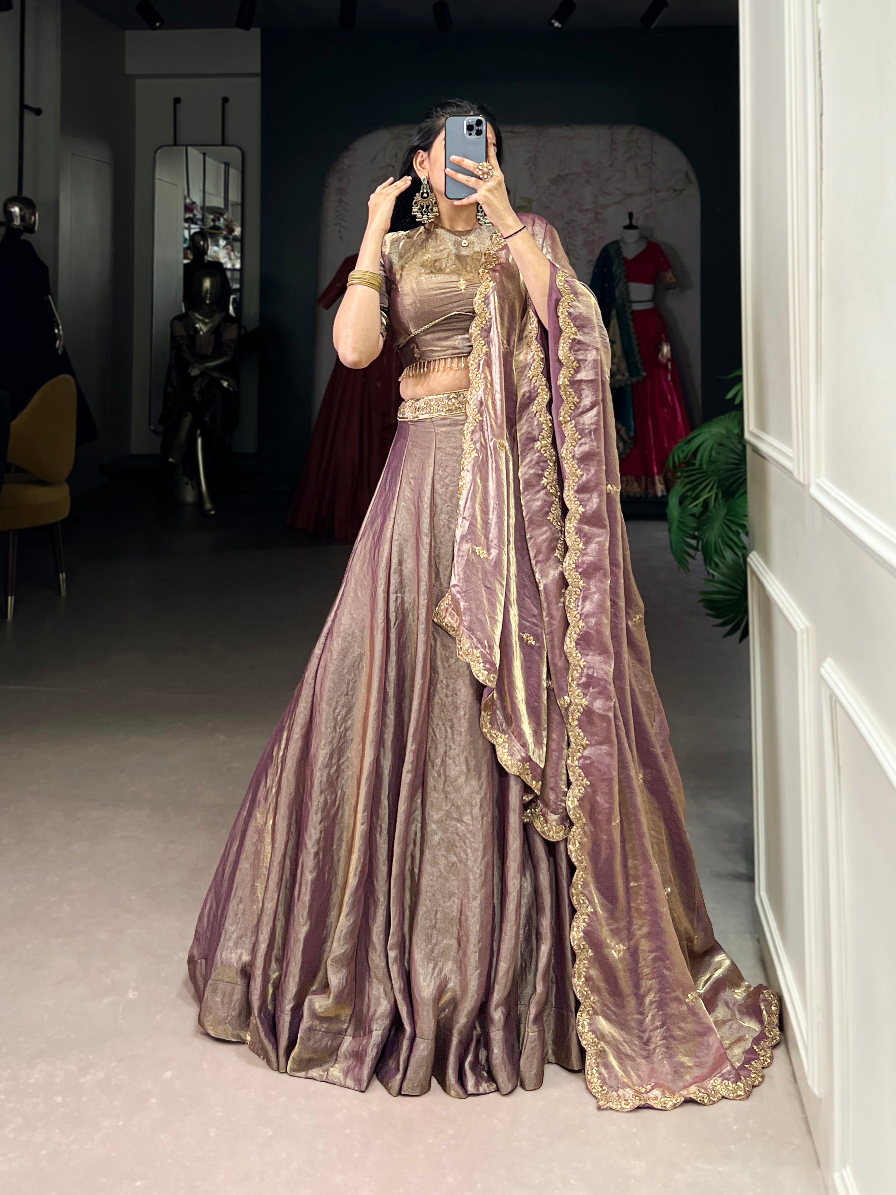 Lorenvalley Lavender Fendi Silk Sequins and Thread Embroidery Work Belt Lehenga Choli with Dupatta - Distacart