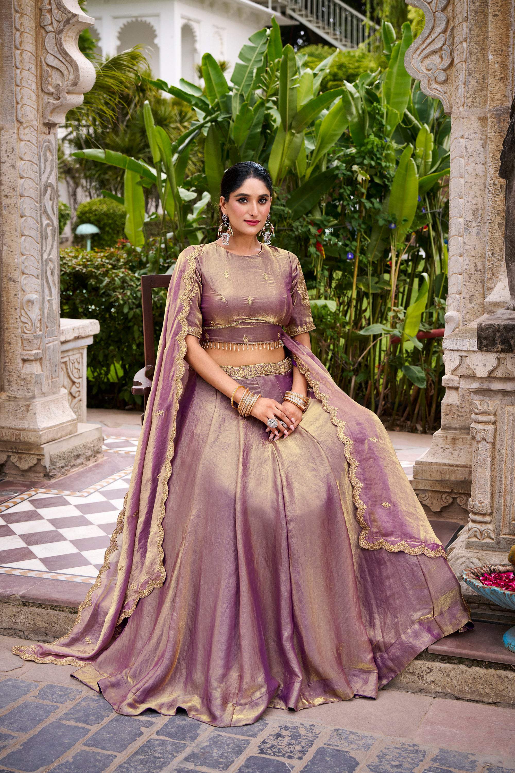 Lorenvalley Fashion Lavender Fendi Silk Sequins and Thread Embroidery Work Belt Lehenga Choli with Dupatta