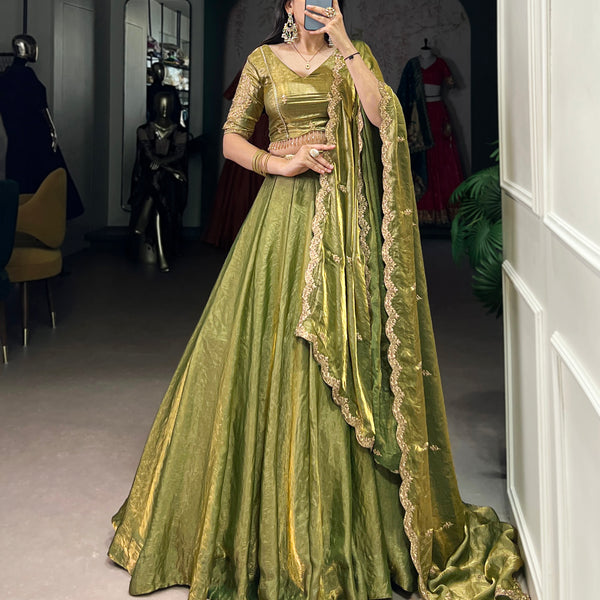 Lorenvalley Mahendi Fendi Silk Sequins and Thread Embroidery Work Belt Lehenga Choli with Dupatta - Distacart